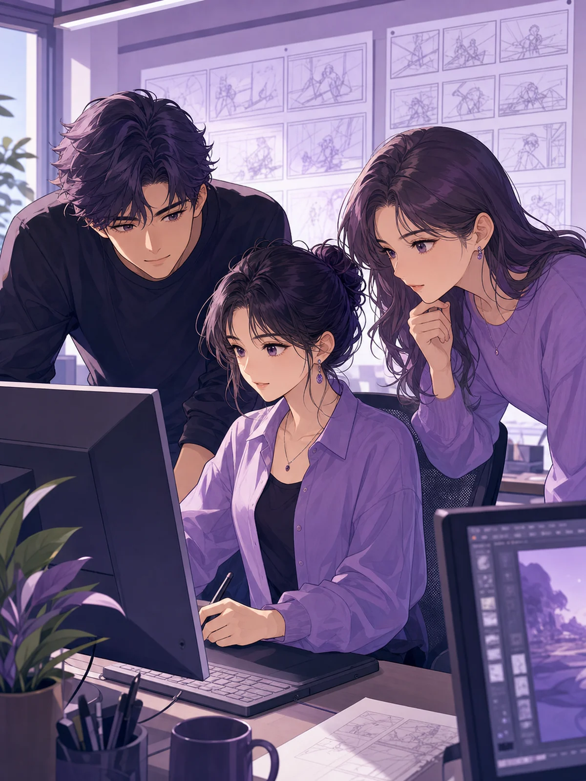 プロのチームがPCに向かって協働するスタジオのイラスト