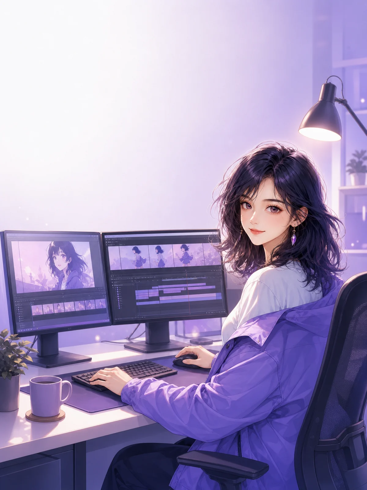 表紙と同じ主役がデスクトップPCで集中して制作するイラスト